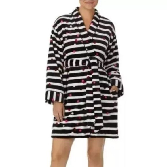 Kate Spade LS Short Robe Black Stripe Confetti Dots Plush Velour Pocket - Picture 1 of 7
